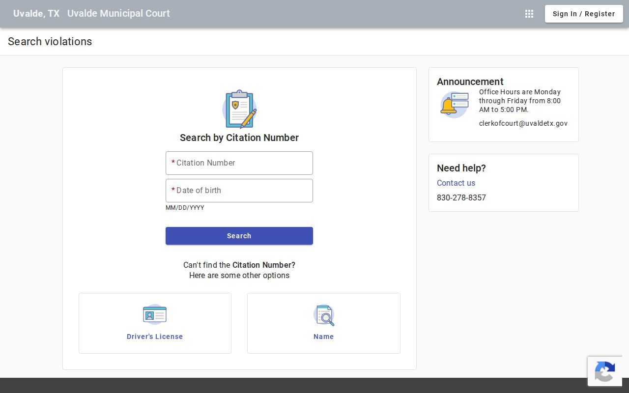 Six search paths on the Uvalde Municipal Court citation portal