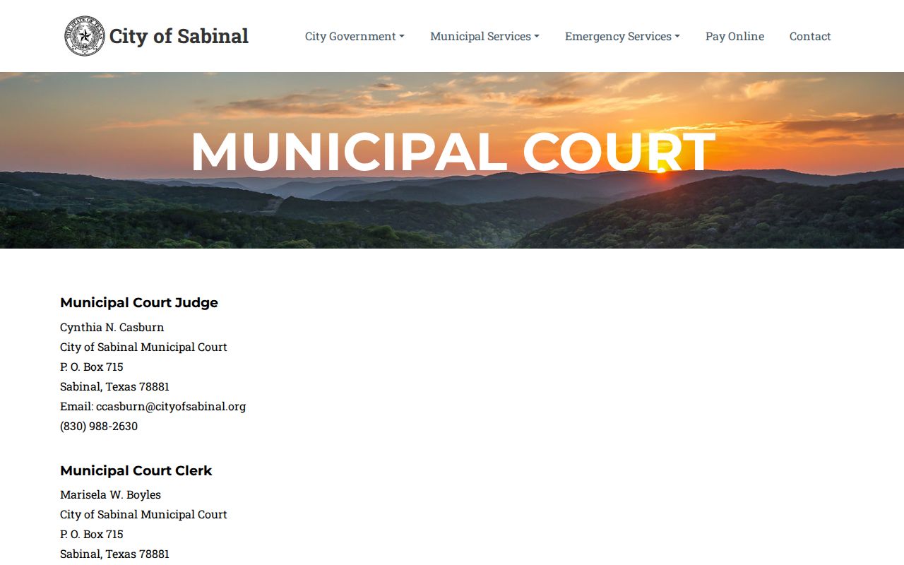 Sabinal Municipal Court judge and clerk details with monthly docket information
