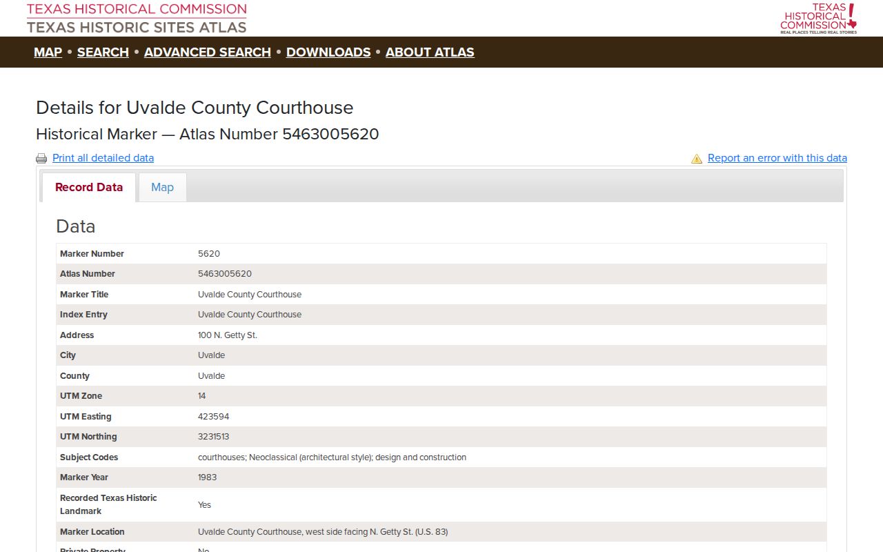 Historic marker record for the Uvalde County court docket courthouse